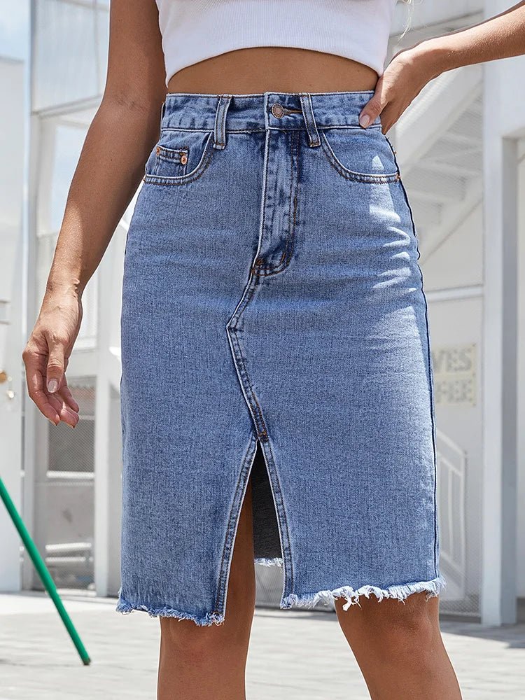 Denim Midi Skirt High Waisted Front Slit Frayed Hem