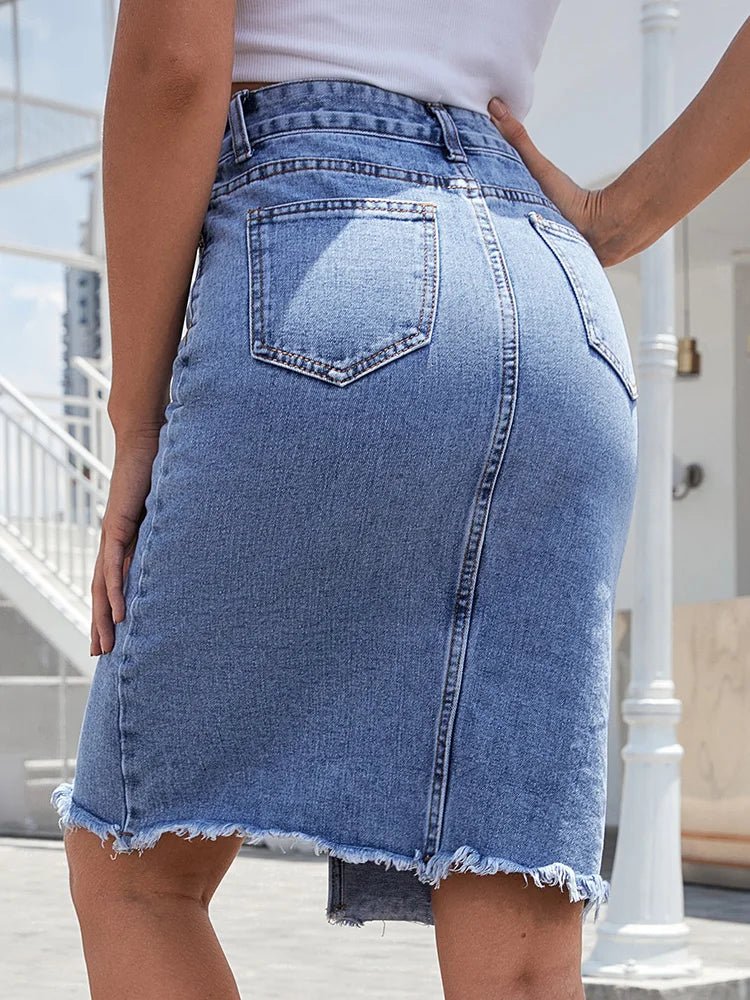 Denim Midi Skirt High Waisted Front Slit Frayed Hem