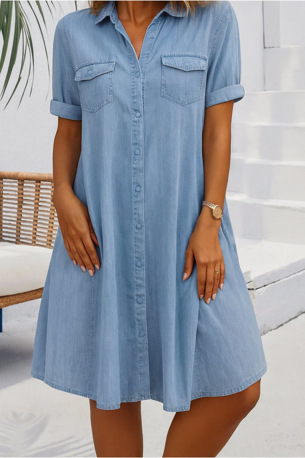 Denim Shirt Dress Button-Down Short Sleeve - Light blue