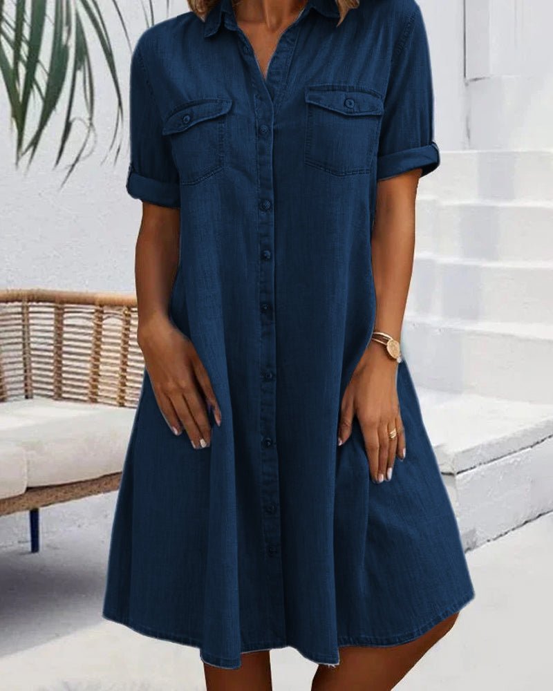 Denim Shirt Dress Button-Down Short Sleeve - Dark blue