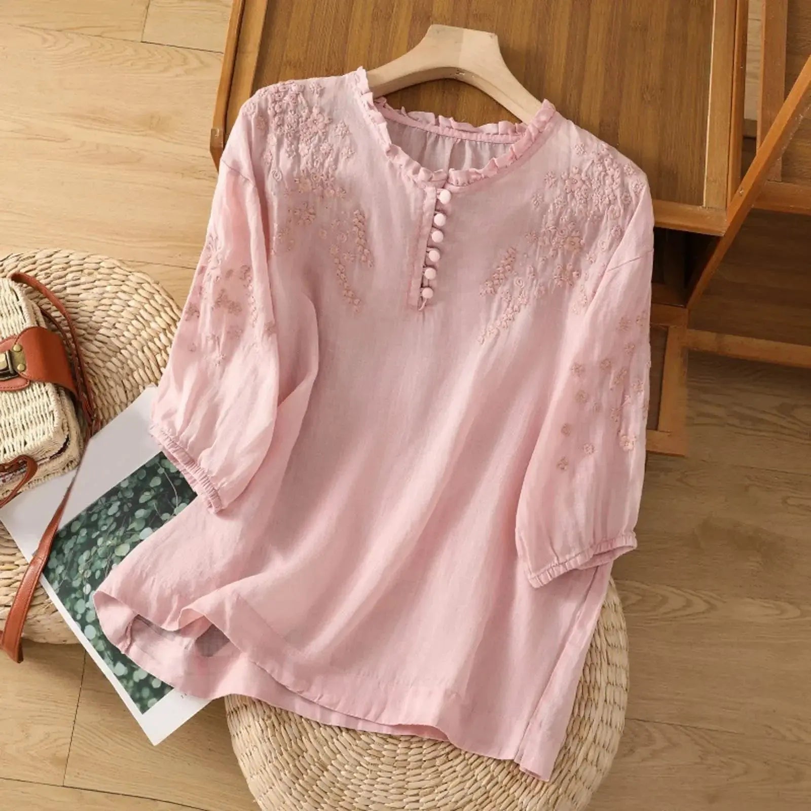 Embroidered Button-Front Blouse Long Sleeve Round Neck - Pink