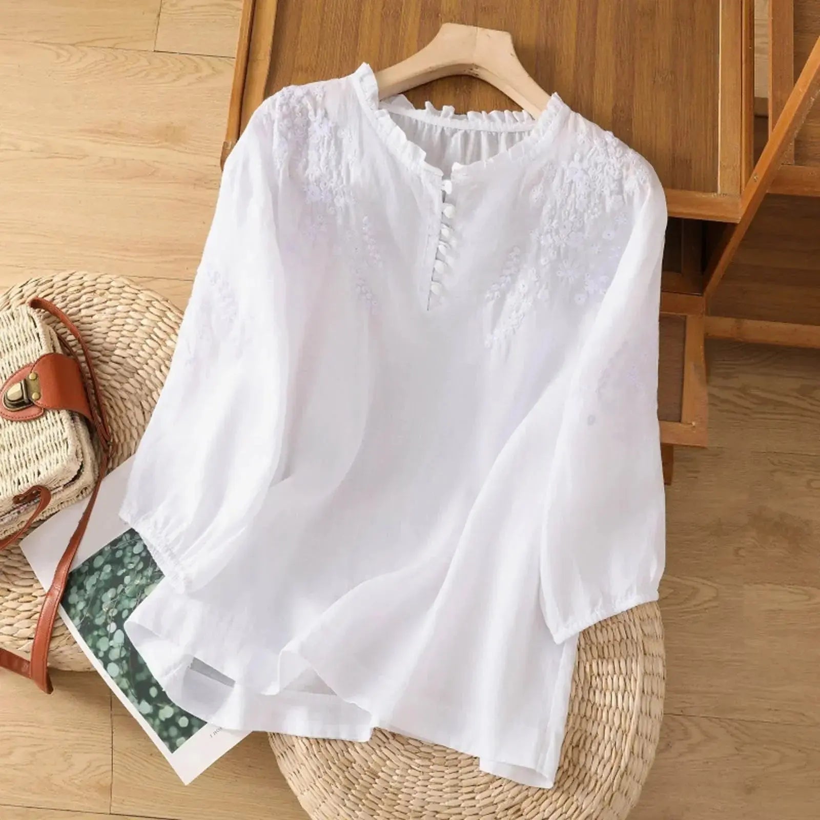 Embroidered Button-Front Blouse Long Sleeve Round Neck - White