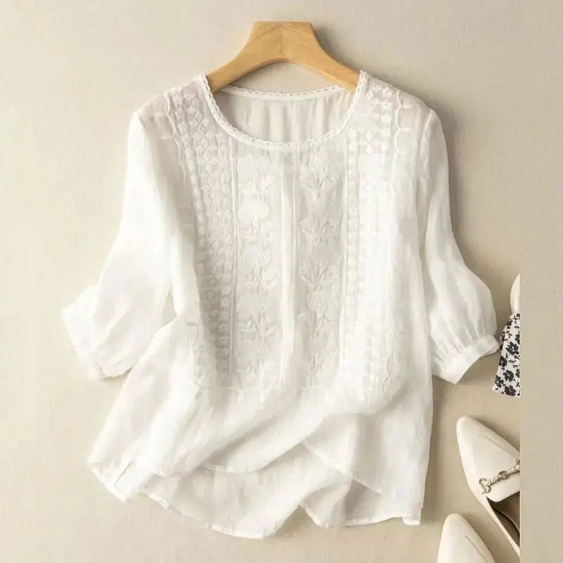 Embroidered Cotton Blouse Long Sleeve Relaxed Fit - White