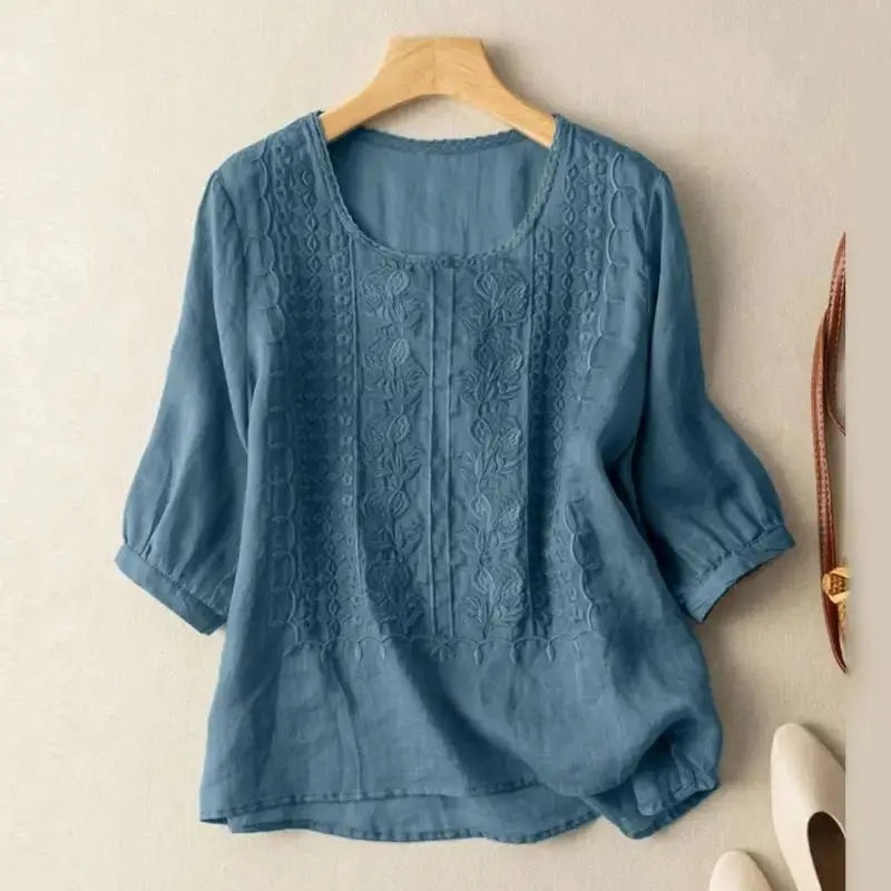 Embroidered Cotton Blouse Long Sleeve Relaxed Fit - Blue