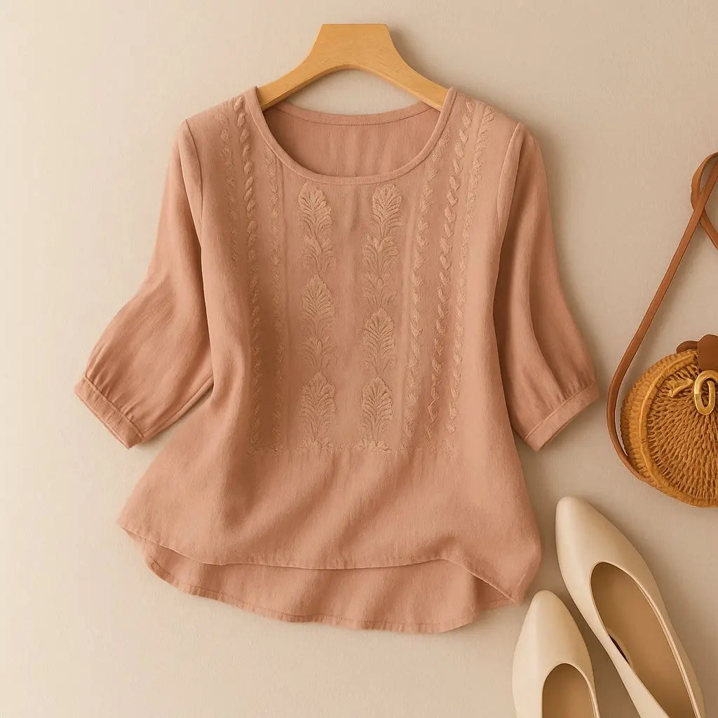 Embroidered Cotton Blouse Long Sleeve Relaxed Fit - Blush