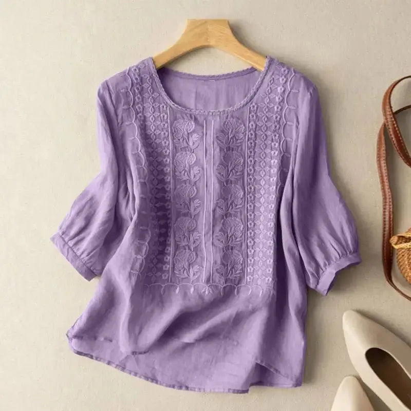 Embroidered Cotton Blouse Long Sleeve Relaxed Fit - Purple