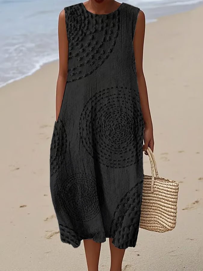 Embroidered Midi Dress Sleeveless A-Line - Elegant Black