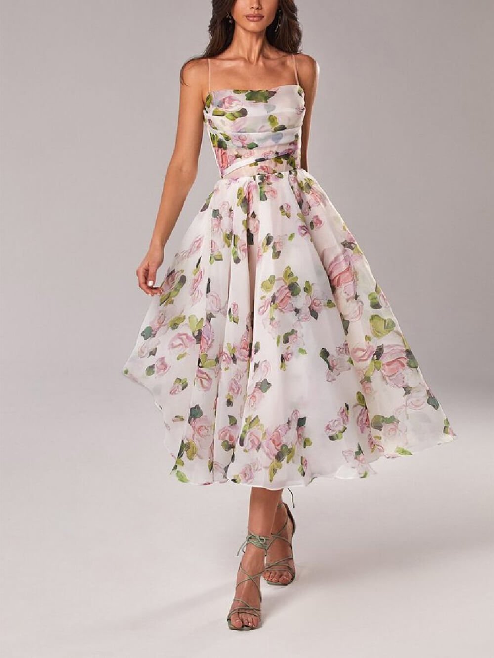 Floral A-Line Midi Dress Cowl Neck Spaghetti Strap - Pink