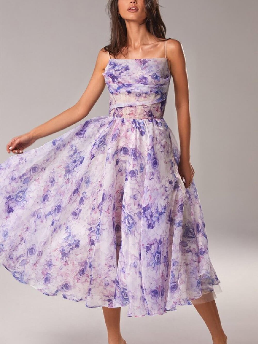 Floral A-Line Midi Dress Cowl Neck Spaghetti Strap - Purple