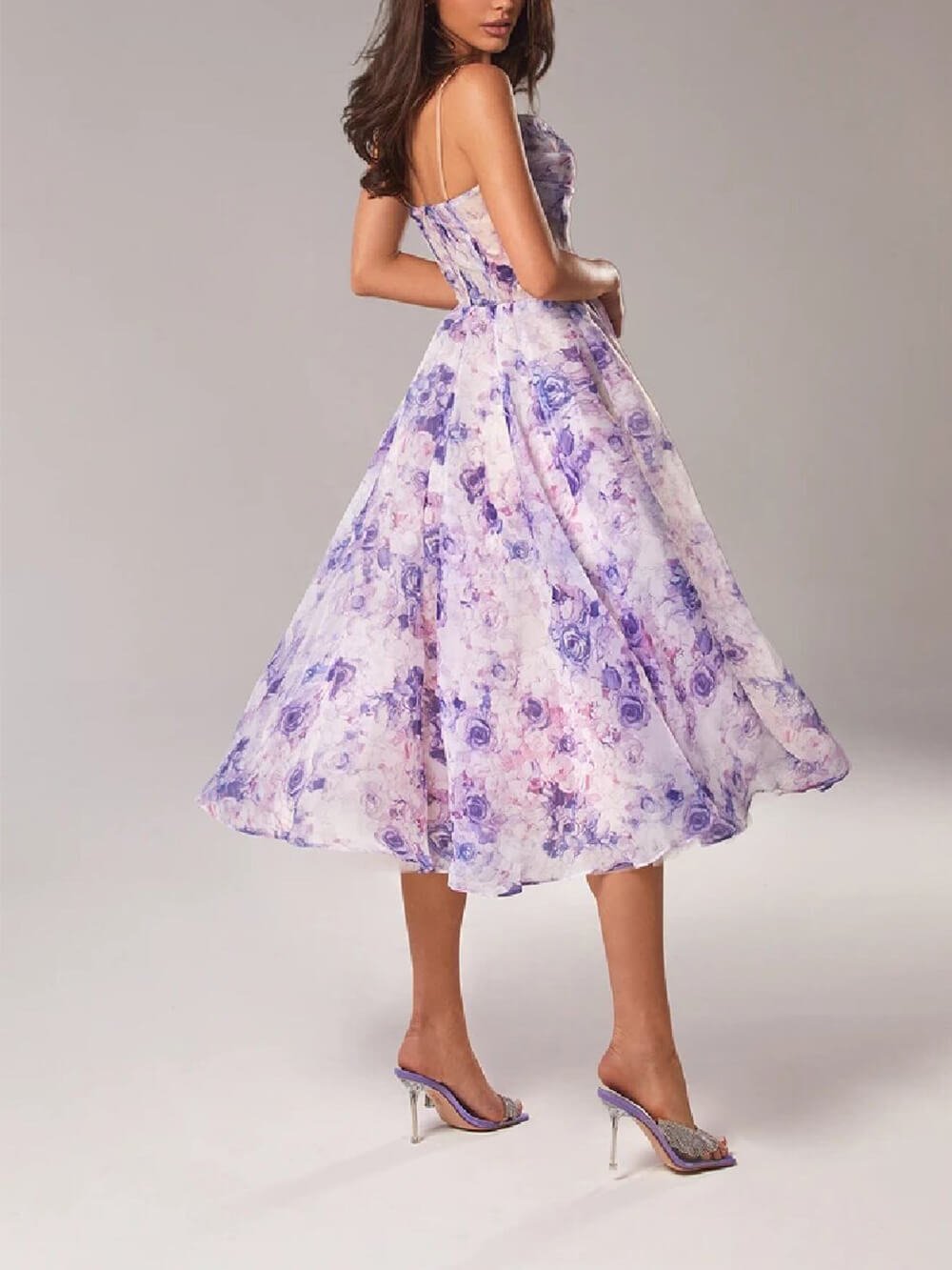 Floral A-Line Midi Dress Cowl Neck Spaghetti Strap