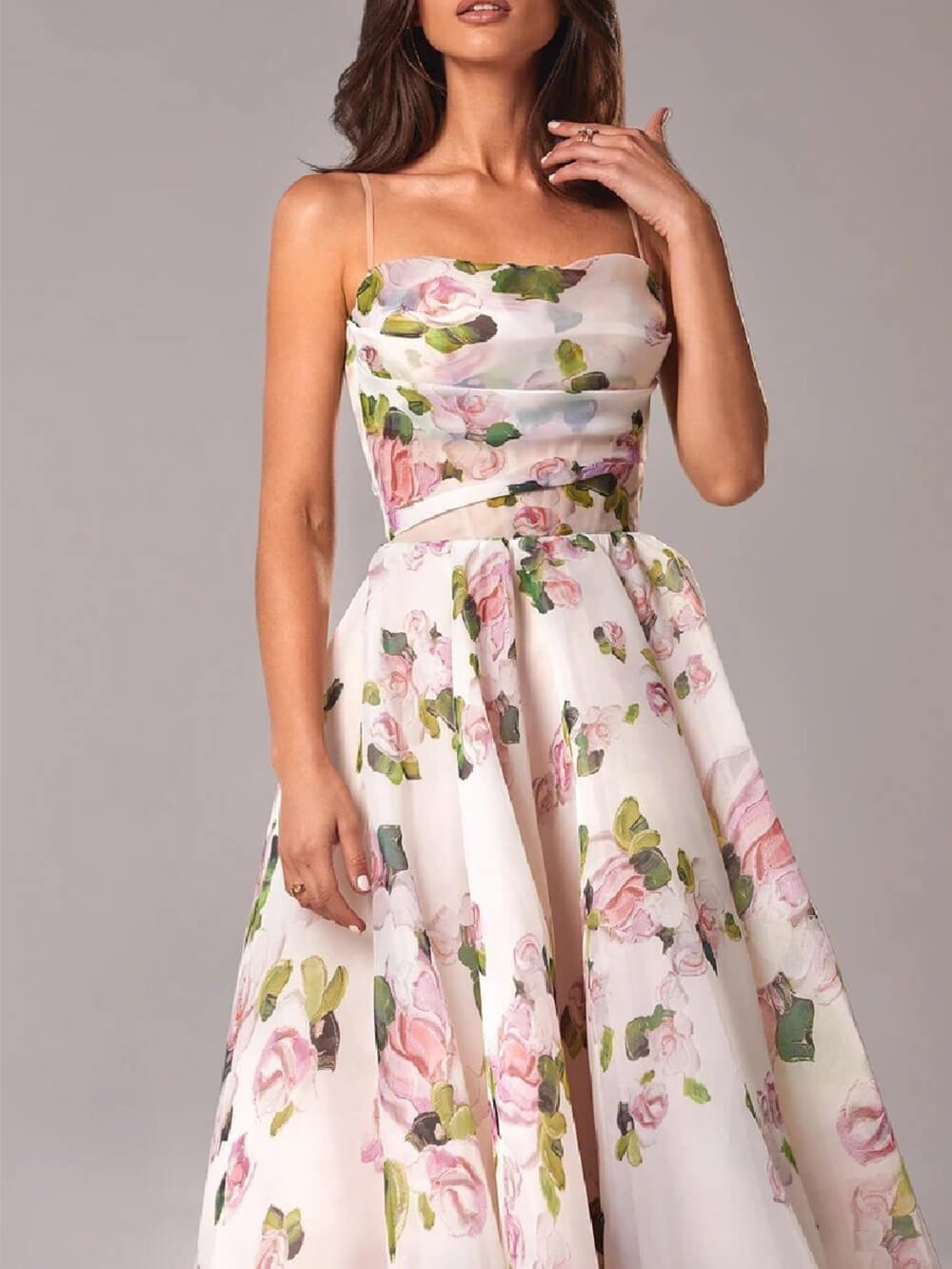 Floral A-Line Midi Dress Cowl Neck Spaghetti Strap