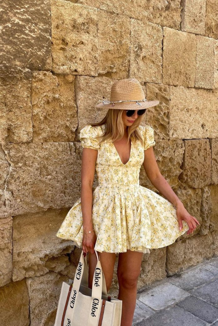 Floral A-Line Mini Dress Puff Sleeve Open Back
