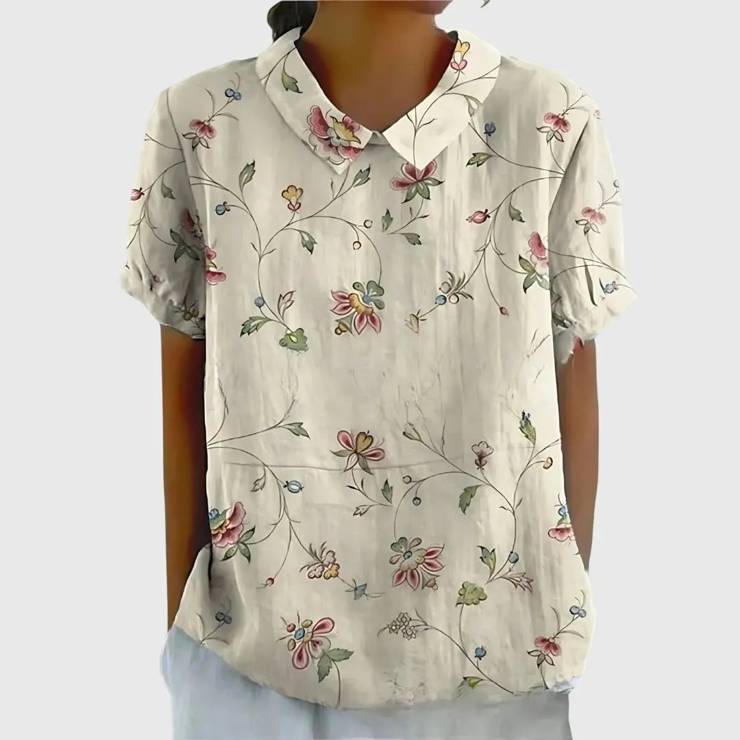 Floral Blouse Short Sleeve Collared Relaxed Fit