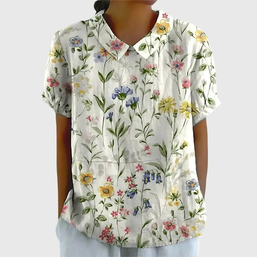 Floral Blouse Short Sleeve Collared Relaxed Fit - White with Flowers