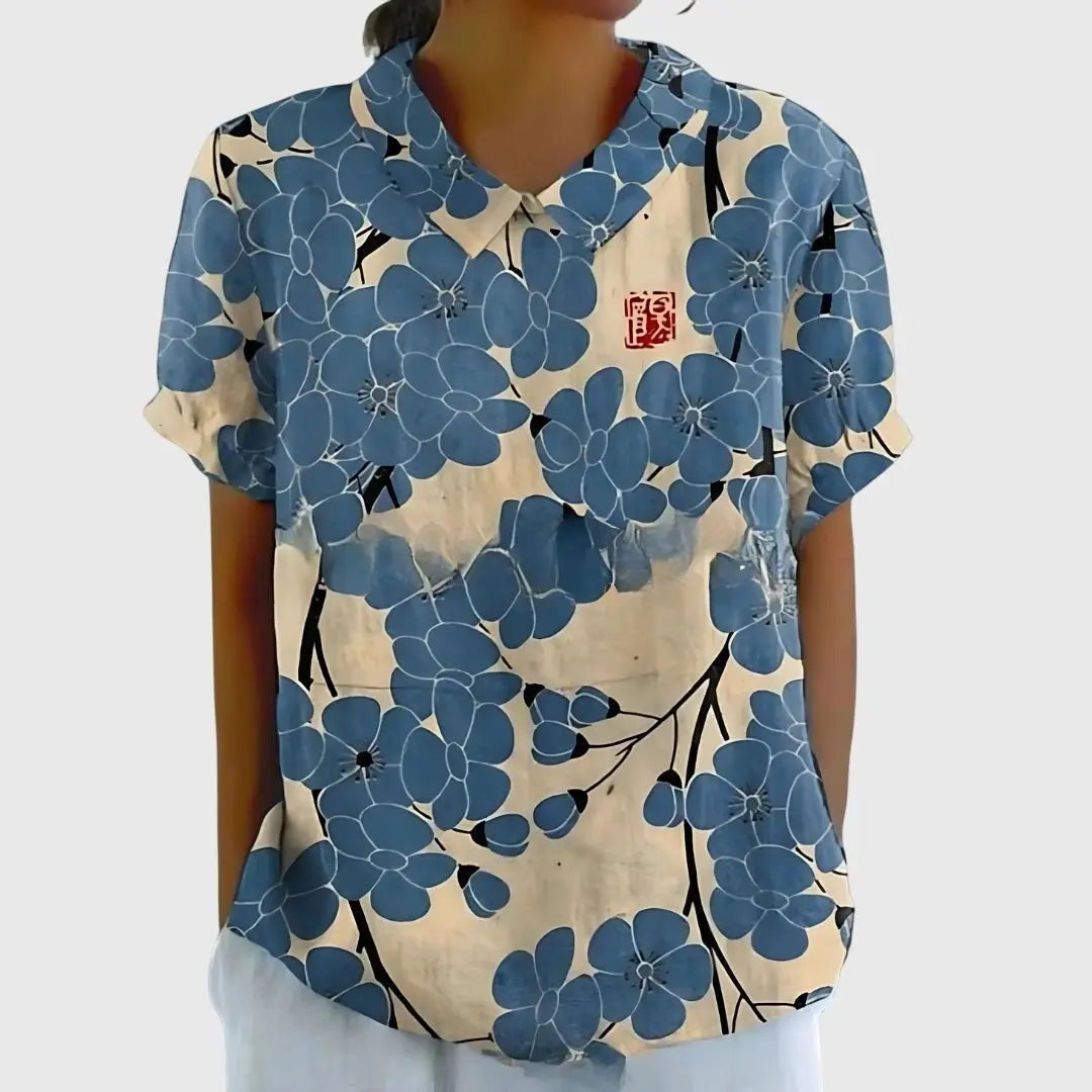 Floral Blouse Short Sleeve Collared Relaxed Fit - Blue Flowers