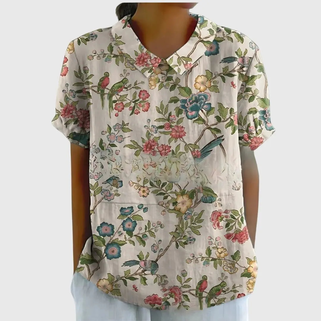 Floral Blouse Short Sleeve Collared Relaxed Fit - Gray