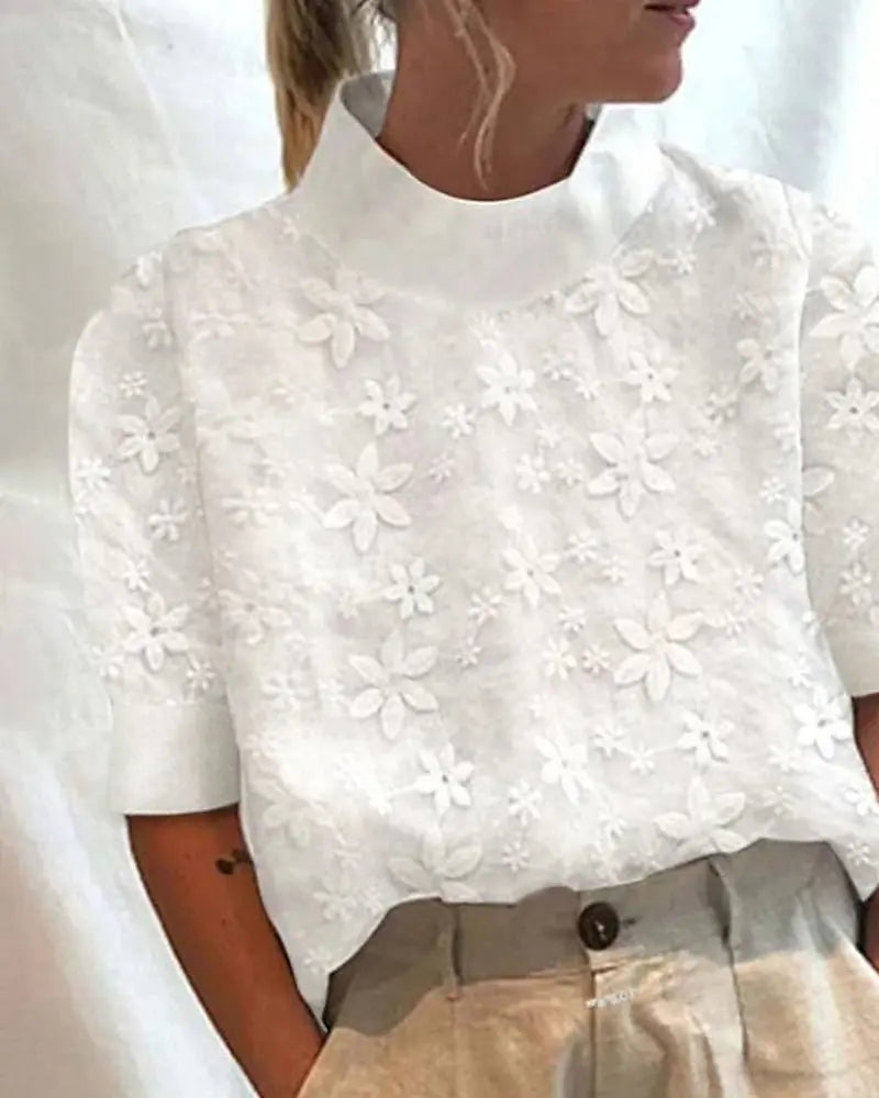 Floral Embroidered Blouse High Neck Short Sleeve - White