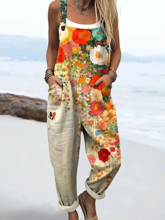 Floral Jumpsuit Wide Leg Vintage Style Adjustable Waist - Multicolour