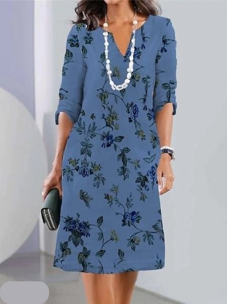 Floral Print A-Line Dress V-Neck Short Sleeve - Blue