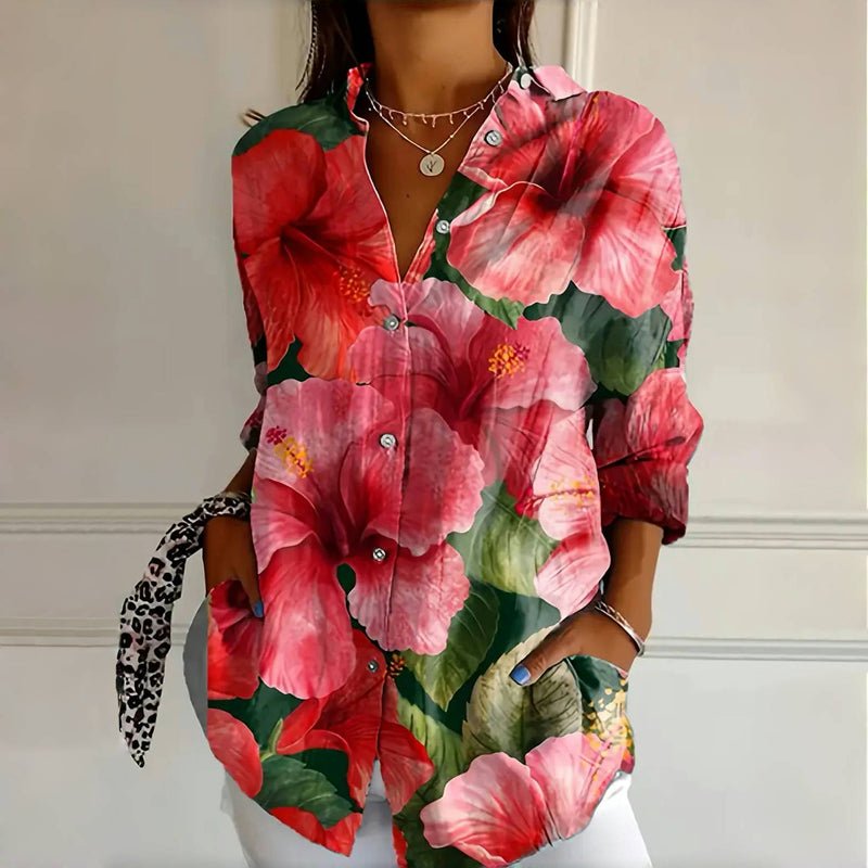 Floral Print Blouse Button-Down Long Sleeve - Roses