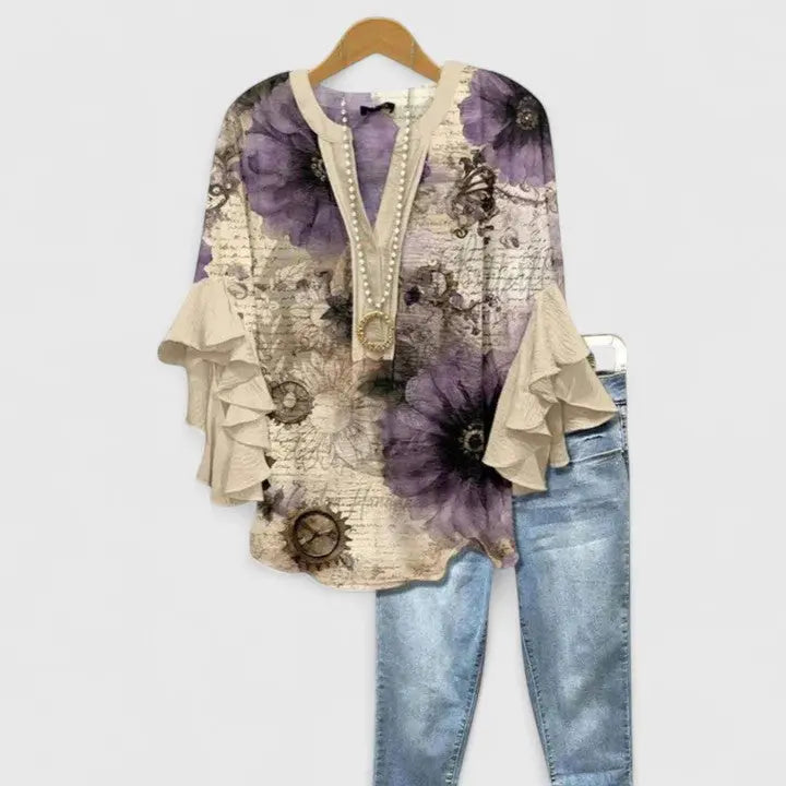 Floral Print Blouse Ruffled Sleeves V-Neck Feminine - Beige