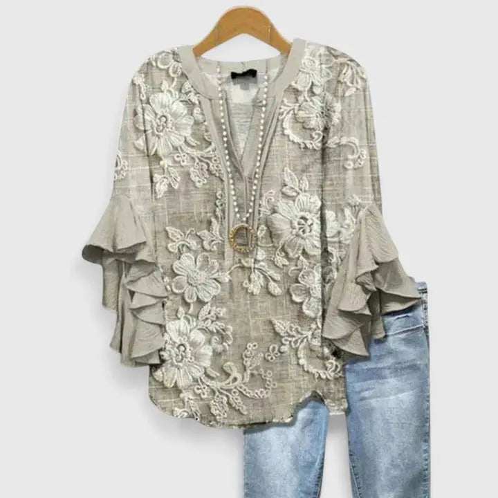Floral Print Blouse Ruffled Sleeves V-Neck Feminine - Light Brown