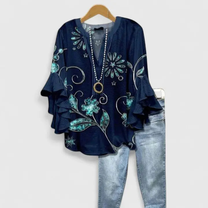 Floral Print Blouse Ruffled Sleeves V-Neck Feminine - Dark Blue