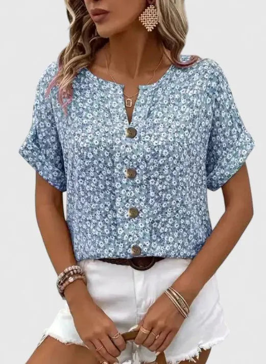 Floral Print Blouse Short Sleeve Button Front Summer Top - Blue