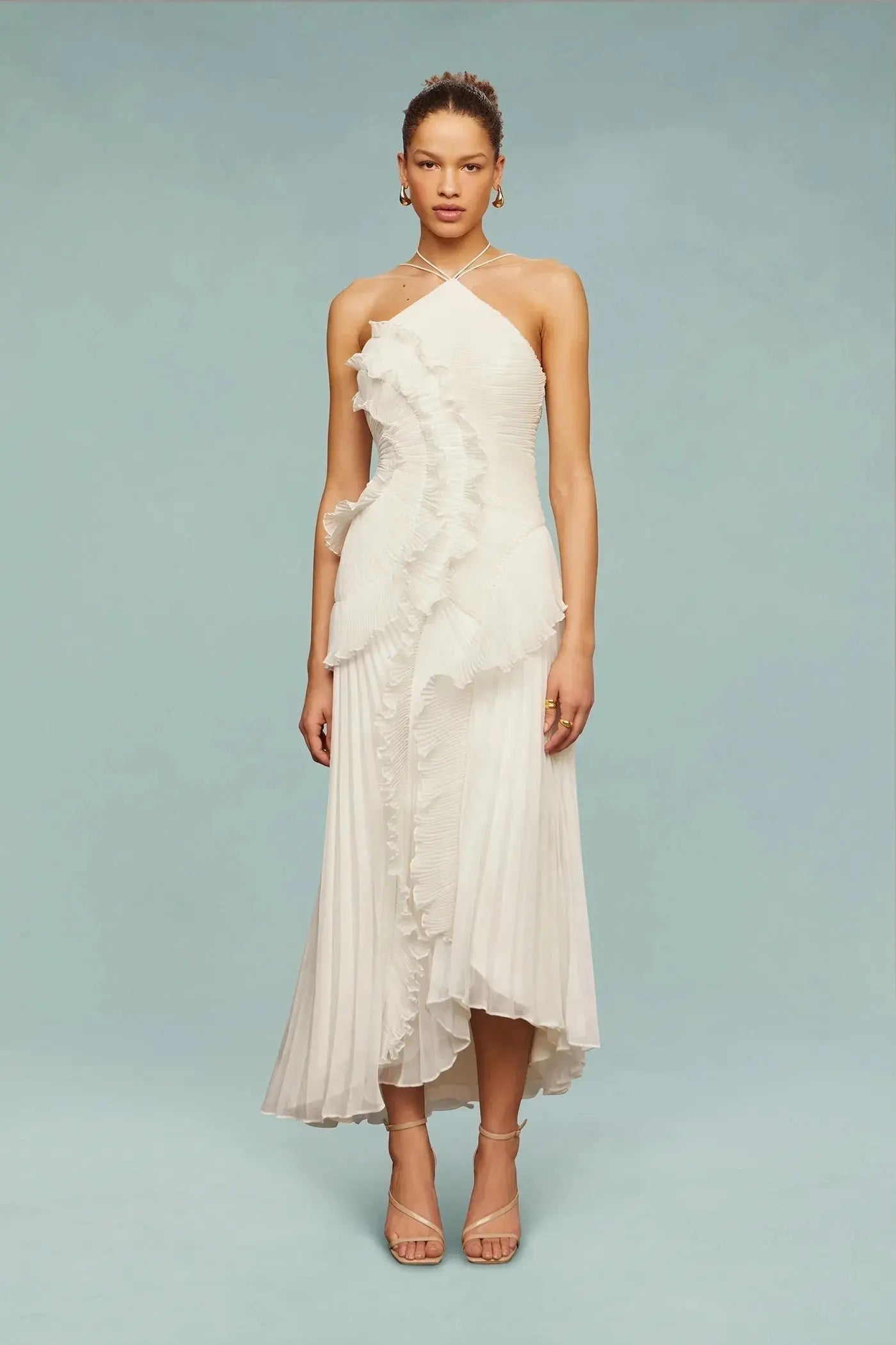 Halter Neck Maxi Dress Ruffle Detail Wedding Guest - White