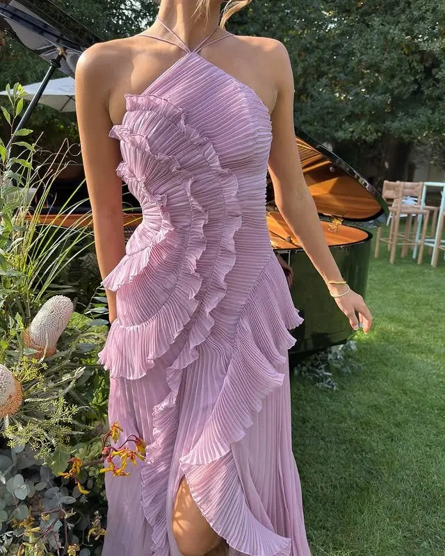 Halter Neck Maxi Dress Ruffle Detail Wedding Guest