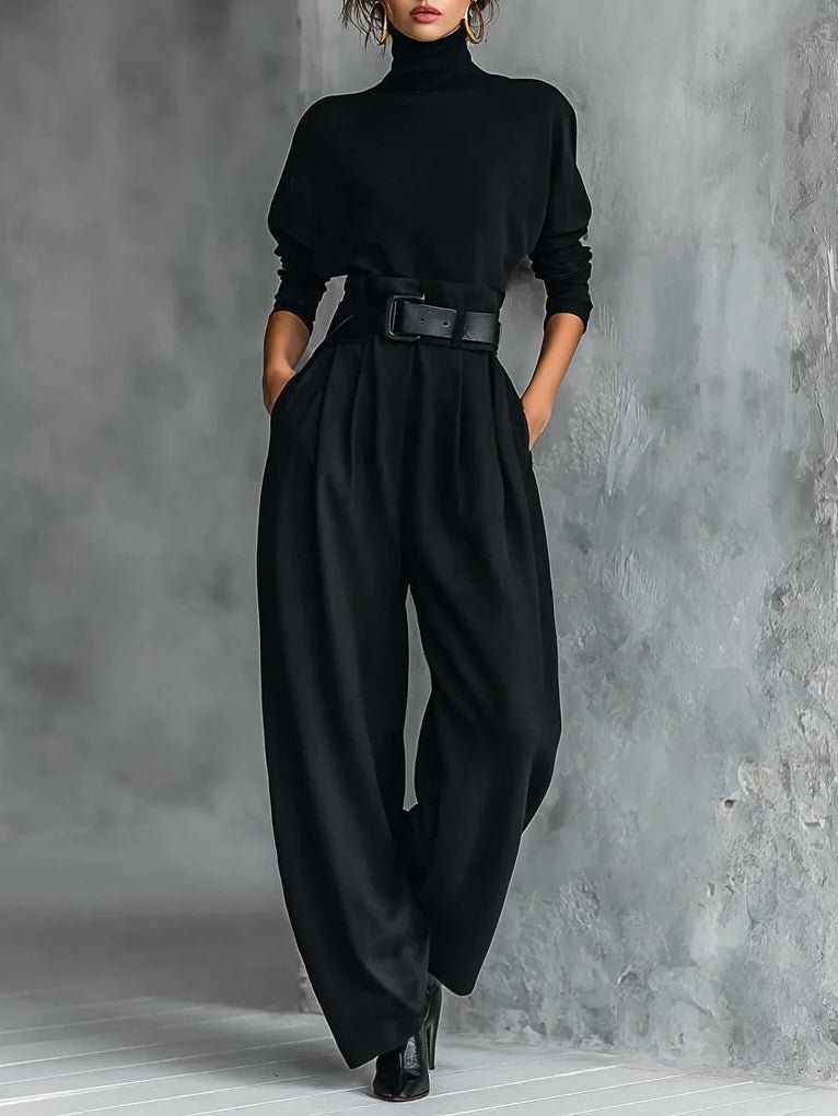 High-Neck Jumper & Trouser Set with Belt - Black