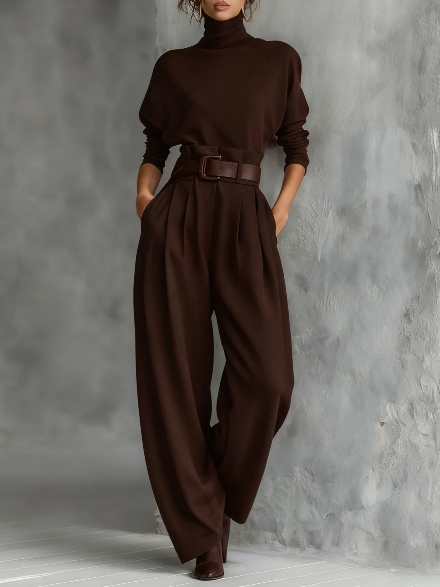 High-Neck Jumper & Trouser Set with Belt - Brown