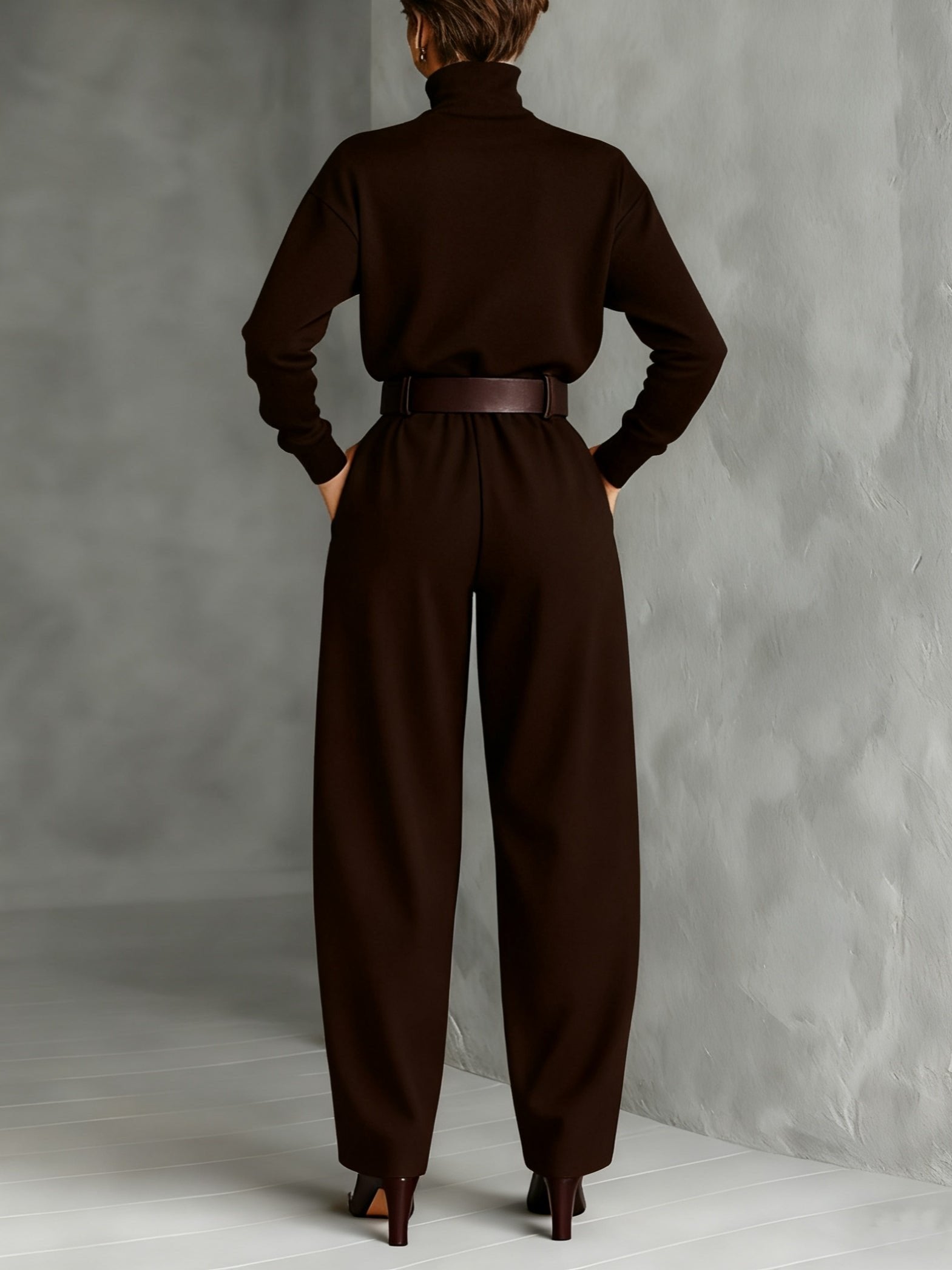 High-Neck Jumper & Trouser Set with Belt