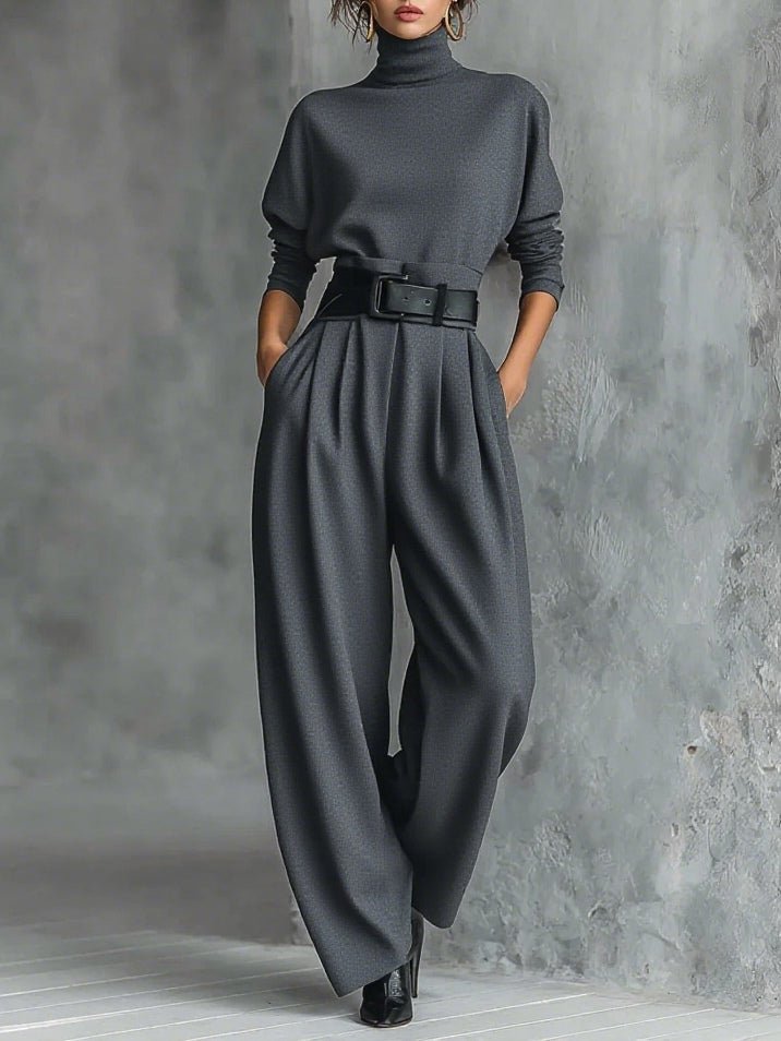High-Neck Jumper & Trouser Set with Belt - Grey