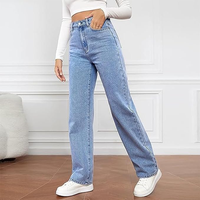 High Waist Wide Leg Denim Jeans Straight Fit Full Length - Light Blue