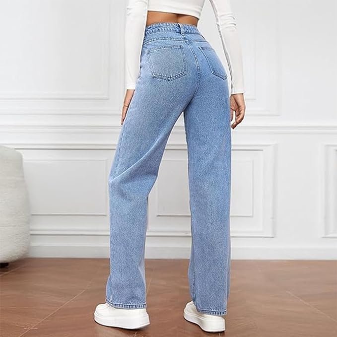 High Waist Wide Leg Denim Jeans Straight Fit Full Length