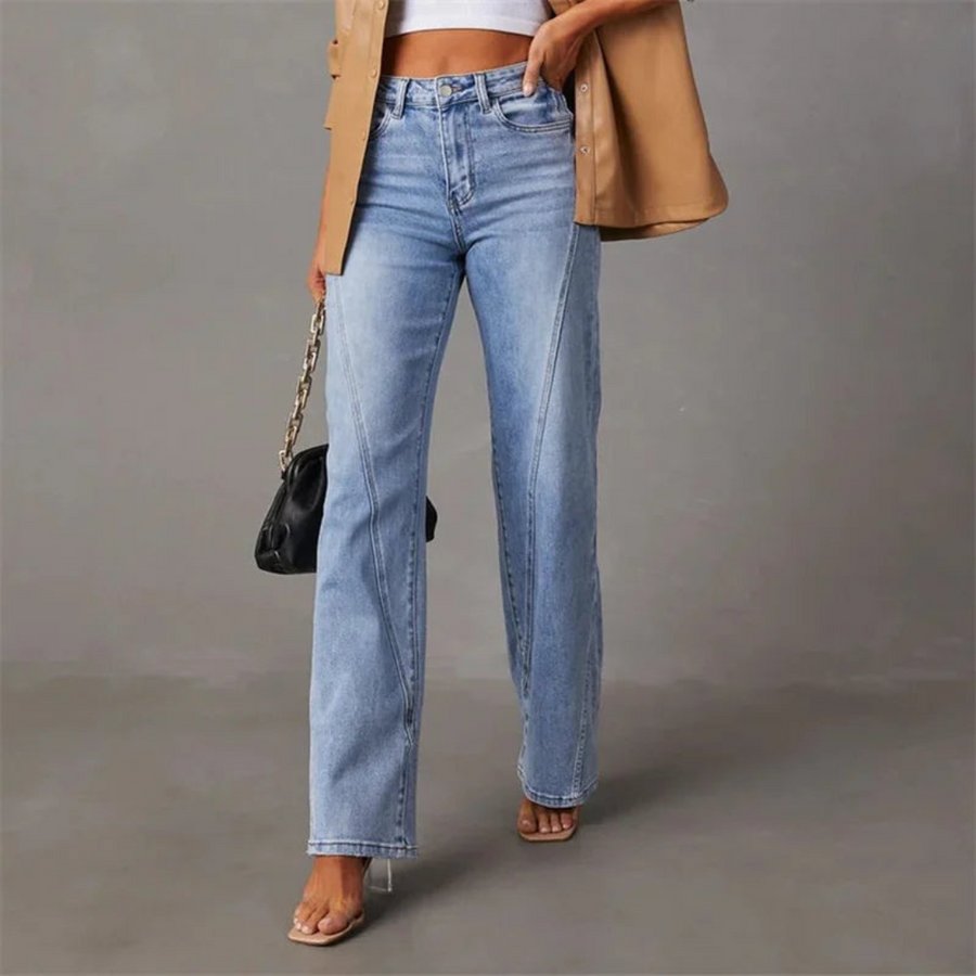 High Waisted Straight Leg Denim Jeans Front Seam Detail - Blue