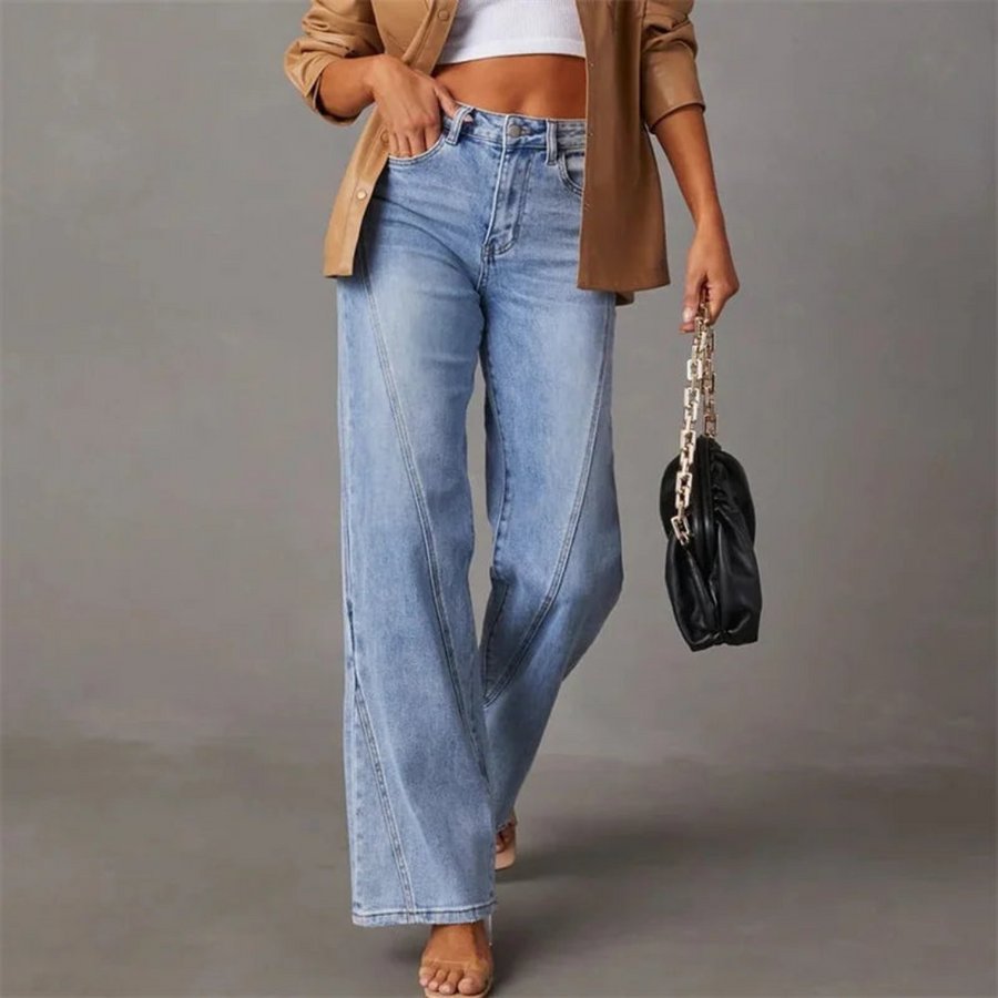 High Waisted Straight Leg Denim Jeans Front Seam Detail