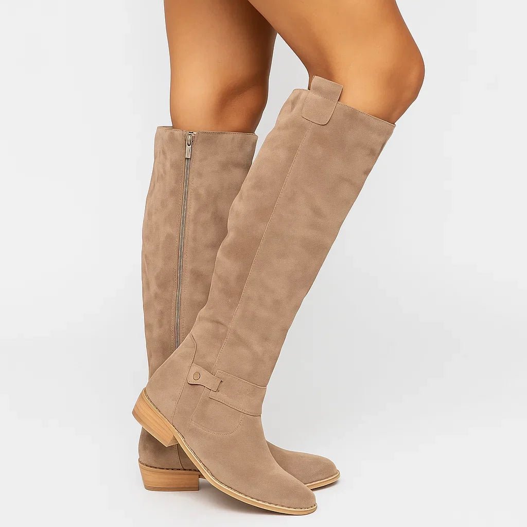 Knee High Boots Suede Block Heel Side Zip - Beige