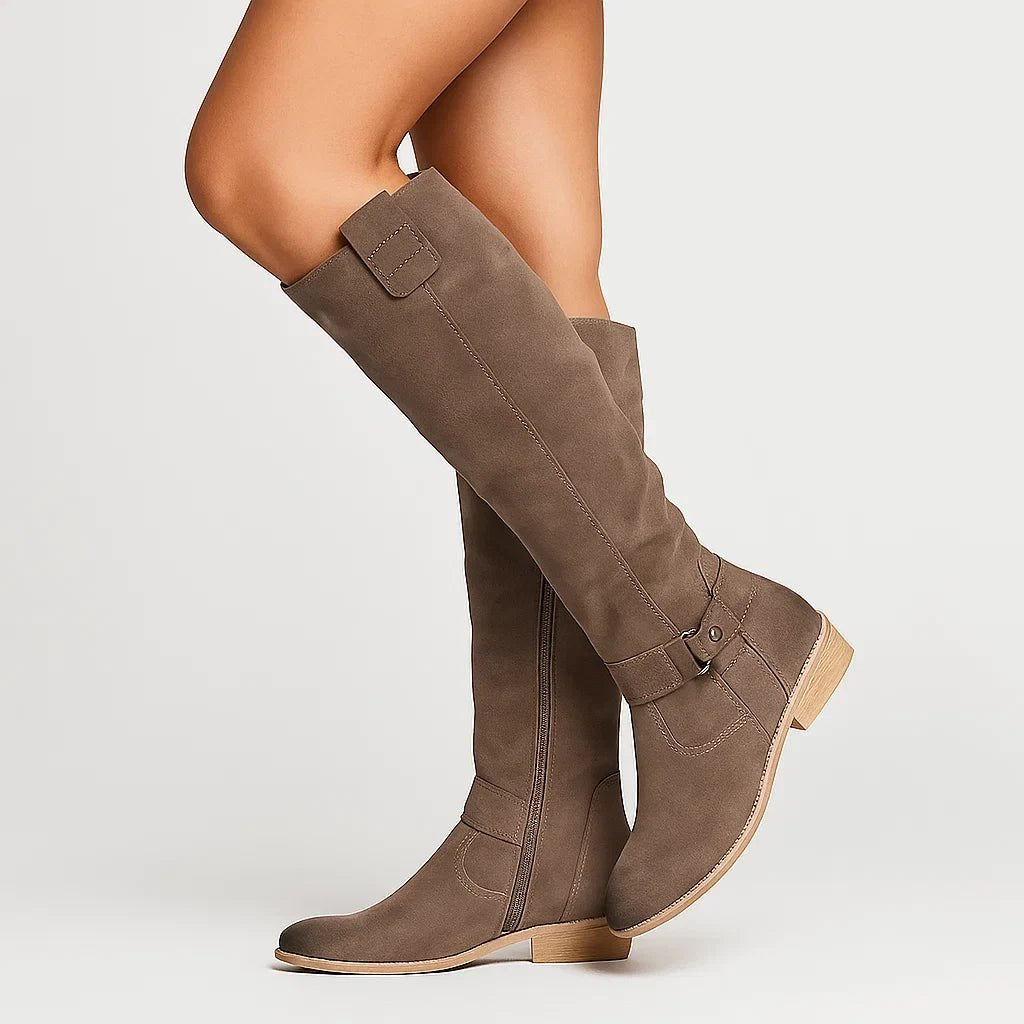 Knee High Boots Suede Block Heel Side Zip - Brown