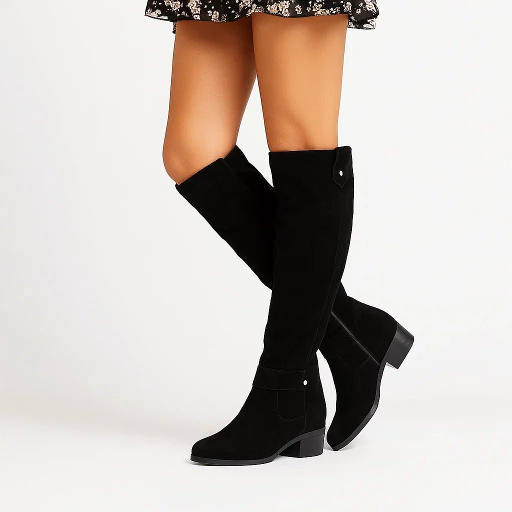 Knee High Boots Suede Block Heel Side Zip - Black