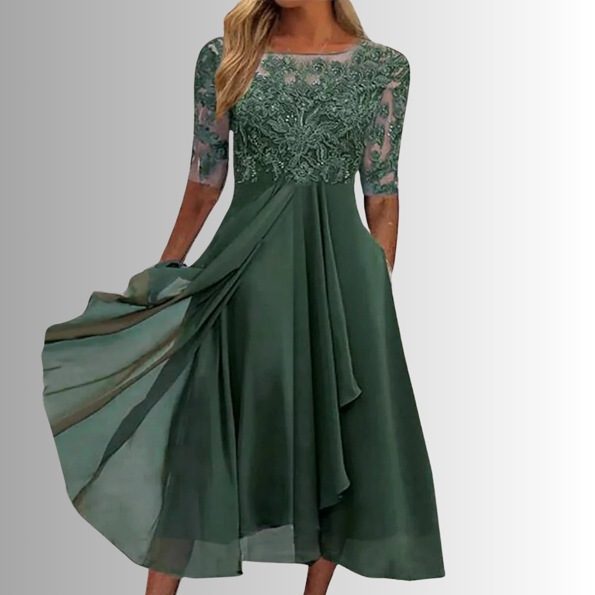 Lace Midi Dress 3/4 Sleeve Chiffon Formal - Green
