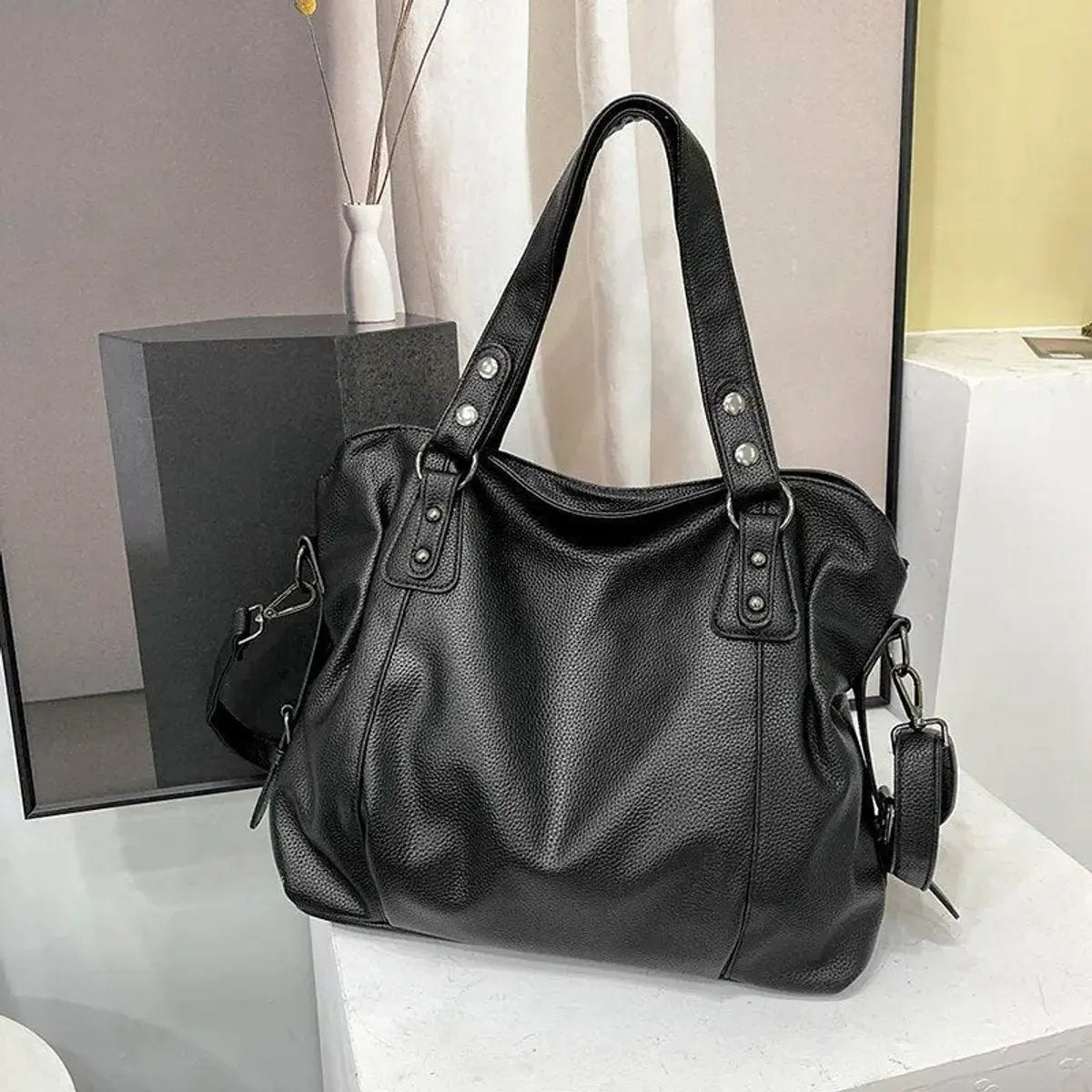 Large Black Leather Slouchy Shoulder Tote Bag Studded Strap - Black