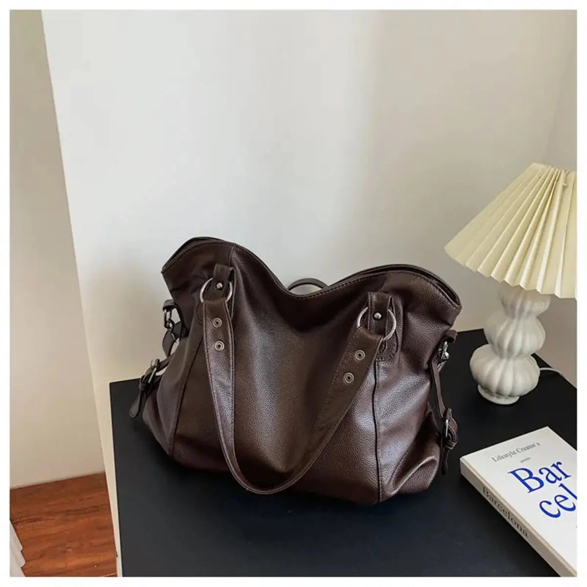 Large Black Leather Slouchy Shoulder Tote Bag Studded Strap - Brown