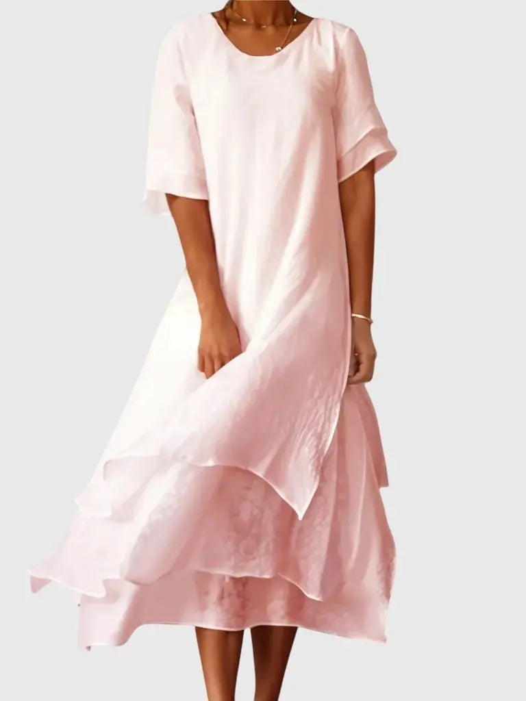 Layered Maxi Dress Short Sleeve Round Neck Tiered - Pink