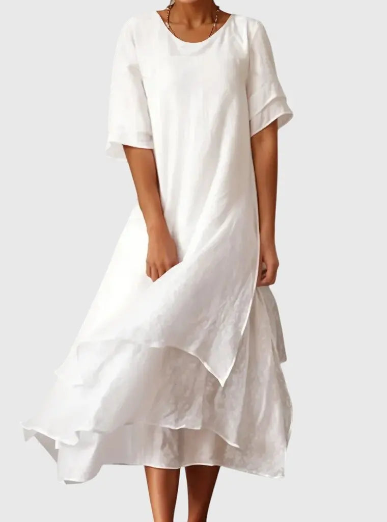 Layered Maxi Dress Short Sleeve Round Neck Tiered - White