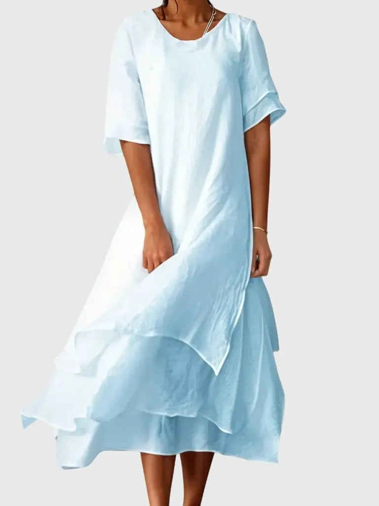 Layered Maxi Dress Short Sleeve Round Neck Tiered - Blue