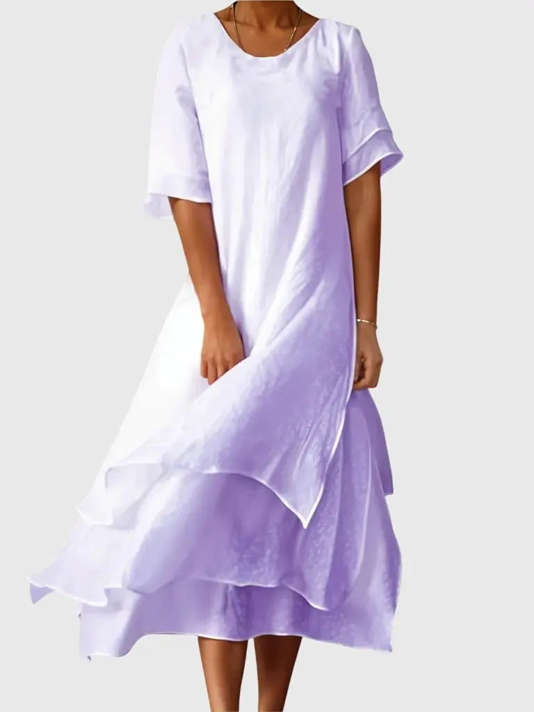 Layered Maxi Dress Short Sleeve Round Neck Tiered - Purple