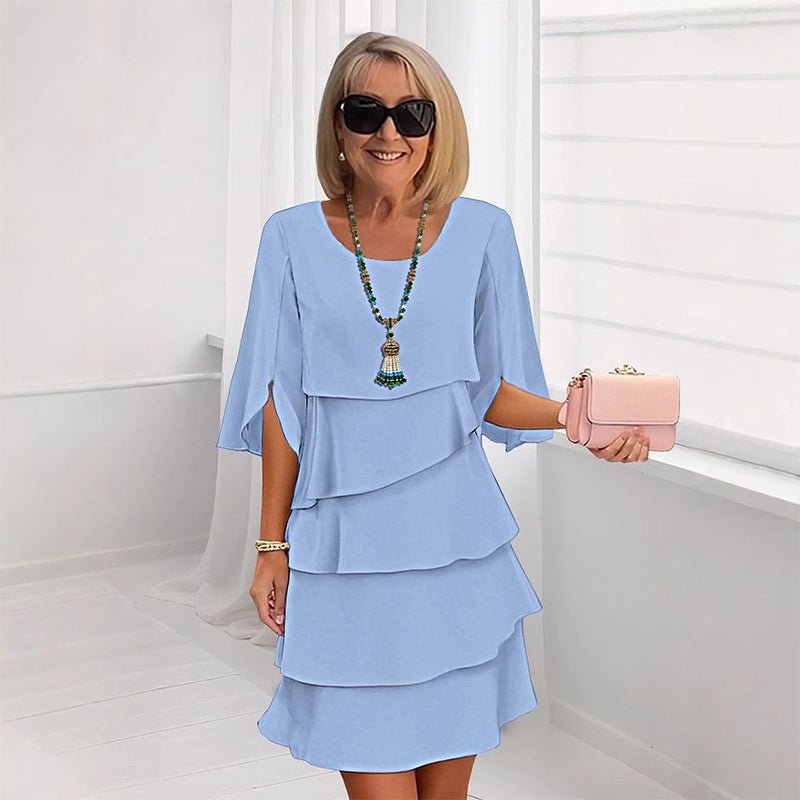 Layered Ruffle Dress Three Quarter Sleeves - Blau