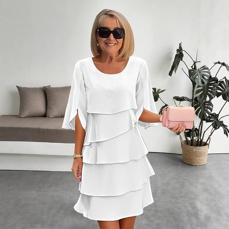 Layered Ruffle Dress Three Quarter Sleeves - Weiß